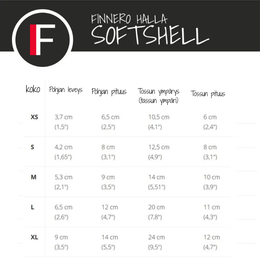 HALLA softshell mittataulukko